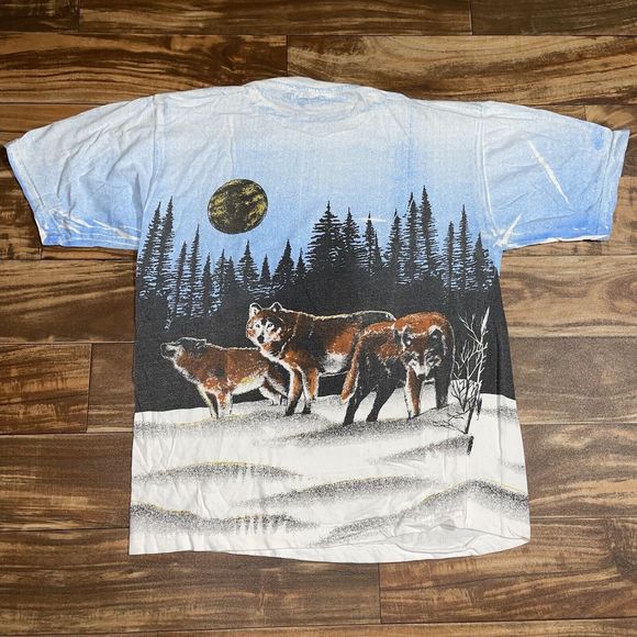 Vintage 90s Wolf All Over Print T-Shirt Animal Nature Size Large Made in USA - Picture 6 of 7